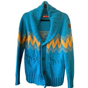 Puma Teal Blue Shawl Collar Cardigan with Mustard Zigzag Pattern